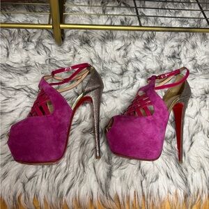 Christian Louboutin Fuchsia Suede Heels with Glitter
